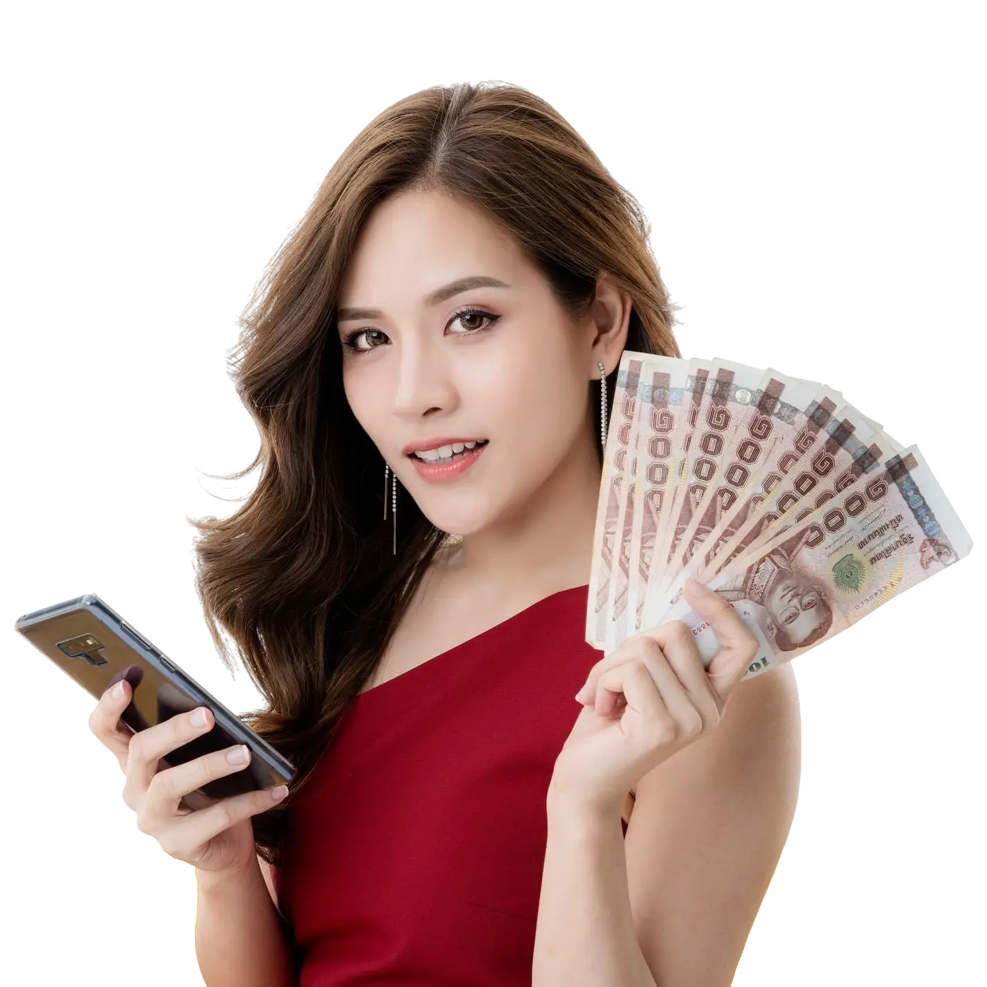 beautiful-attractive-elegance-asian-woman-red-dress-sit-relax-model-pose-hand-hold-money-smartphone-yellow-sofa-studio-photo-shoot